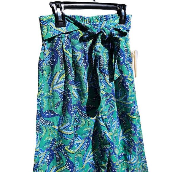 Midnight Sky -175 Blue Green Floral Linen Blend Tie Waist Wide Leg Pants Size S - Picture 4 of 9
